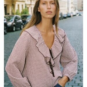 Zara Gingham Ruffle Blouse L